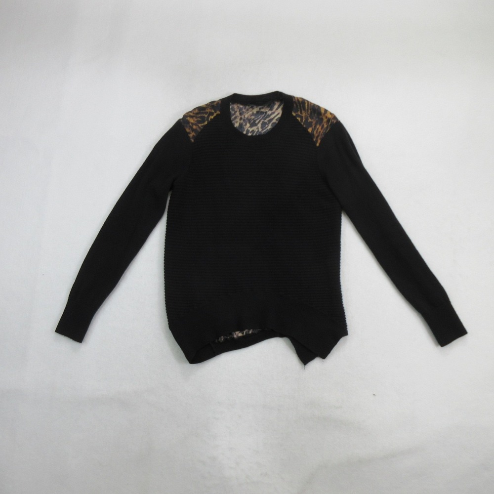 AllSaints Women Sweater XS Black Ribbed Knit Leopard Print Back Pullover